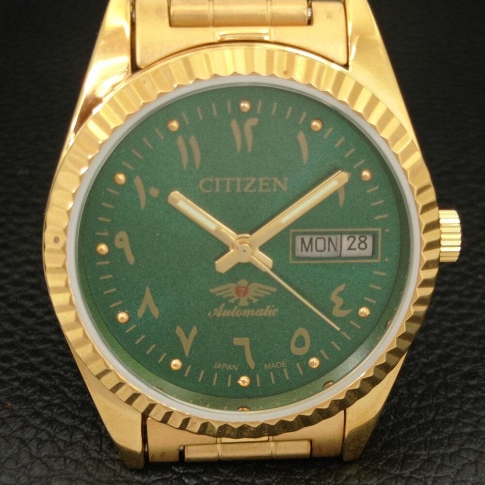 Vintage 1983 Citizen Automatic Mens Gold Watch W/daydate & Green accents - Picture 4 of 10